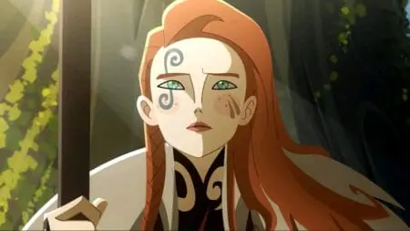 The Norse warrior Sigrid voiced by Sylvia Hoeks strikes a noble pose while showing off her face tattoos in the mythological animated series TWILIGHT OF THE GODS created by Zack Snyder, coming to Netflix in September 2024.