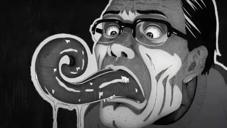 Shuichi's father demonstrating his large and grotesque spiral tongue in the black and white UZUMAKI anime series on Adult Swim.