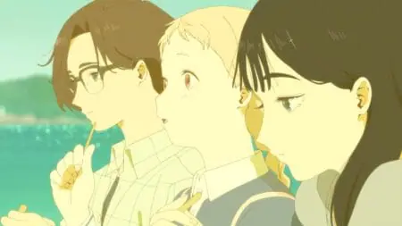 A close-up of the three main girls Totsuko, Mimi, and Rui posing cool together in their Catholic high school uniforms from the anime film THE COLORS WITHIN.