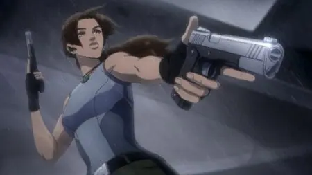 Lara Croft voiced by Hayley Atwell strikes a fierce pose while holding two large hand guns in the Netflix original animated series TOMB RAIDER: THE LEGEND OF LARA CROFT.
