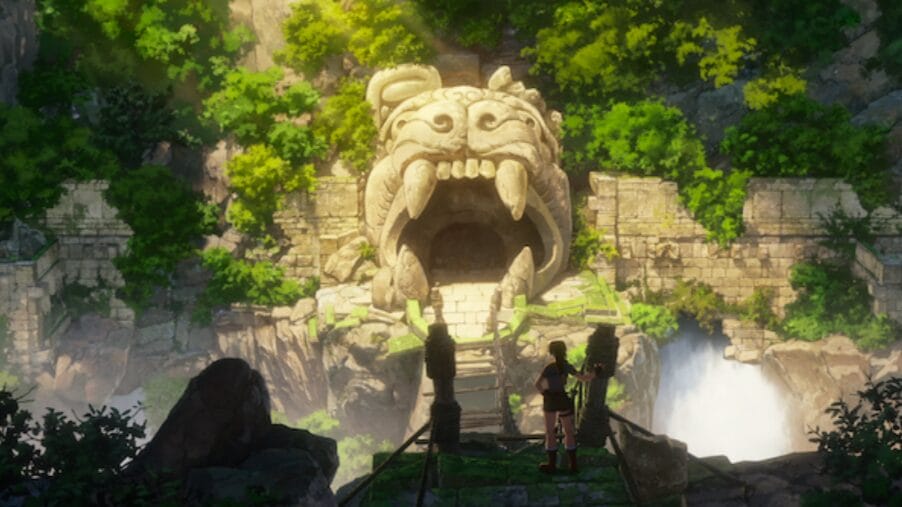 Lara Croft stands at the beginning of a long wooden bridge looking up at a huge temple with the entrance of a giant stone dragon opening its mouth in the Netflix animated series TOMB RAIDER: THE LEGEND OF LARA CROFT. 