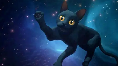 An adorable black cat with yellow eyes waves its small paw while floating in a dream-like cosmic space surrounded by stars in the gorgeous 3D animated movie FLOW.