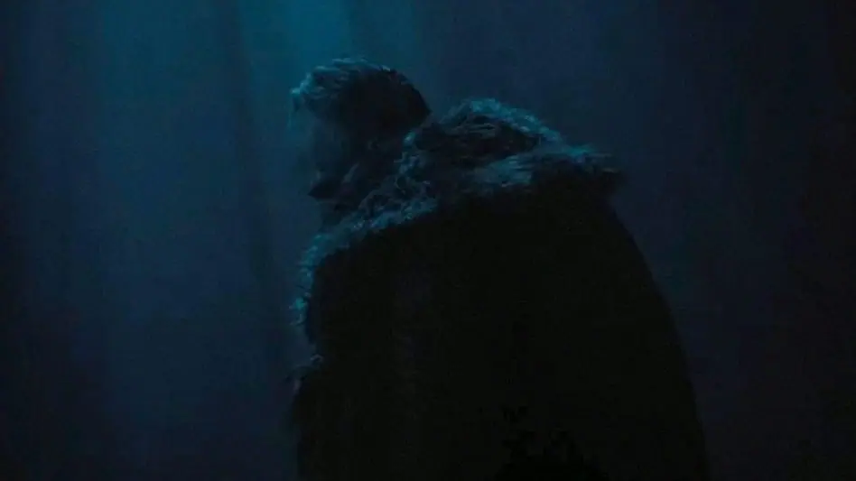 Nosferatu the vampire, played by Bill Skarsgård, looks over the shoulder of his large fur coat, revealing the top side of his bald head in the film remake directed by Robert Eggers. 