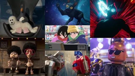A colorful collage of the best animated movies of 2024, including Flow, Memoir of a Snail, Piece by Piece, Transformers One, Ultraman: Rising, Look Back, and Wallace & Gromit: Vengeance Most Fowl.