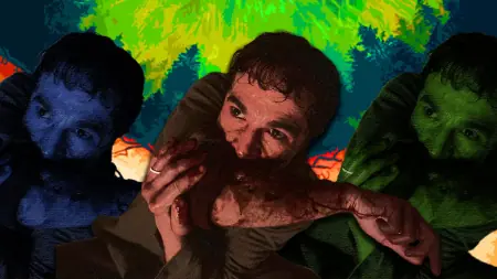 A colorful green collage of Christopher Abbott transforming into a werewolf from the 2025 WOLF MAN movie written and directed by Leigh Whannell.