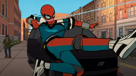 Spider-Man swings into action in his proto-suit in the Disney+ original animated series YOUR FRIENDLY NEIGHBORHOOD SPIDER-WOMAN.