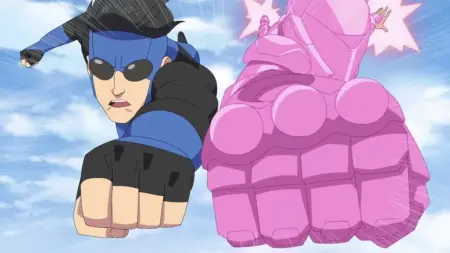 Invincible in his new blue suit and Atom Eve in her pink energy power armor charge punches fly into action side by side in INVINCIBLE Season 3, which is included in the complete Prime Video February 2025 list of new films and TV shows.