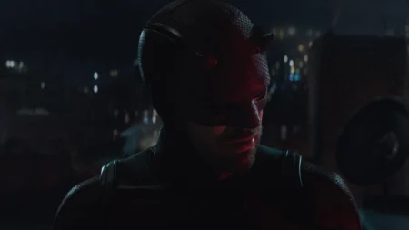 Charlie Cox returns as Matt Murdock in his new red and black superhero costume and cowl with horns in DAREDEVIL: BORN AGAIN streaming only on Disney+.
