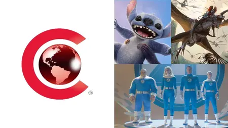 The official CinemaCon 2025 logo next to images of the live-action LILO & STICH, THE FANTASTIC FOUR: FIRST STEPS, and AVATAR: FIRE & ASH in a colorful collage for our DiscussingFilm article of all major updates from the Walt Disney Studios presentation.