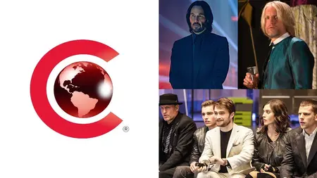The official CinemaCon 2025 logo next to images of John Wick, the Hunger Games, and Now You See Me in a colorful collage for our DiscussingFilm article of all major updates from the Lionsgate presentation.