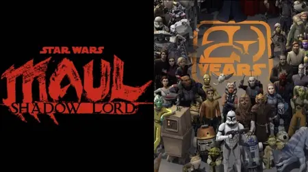 The official logo of the new animated spin-off series STAR WARS: MAUL - SHADOW LORD next to a collage of animated Star Wars characters for our article of complete Lucasfilm Animation updates from Star Wars Celebration 2025.