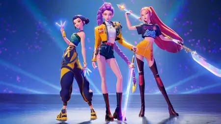 Kpop superstars Rumi, Mira, and Zoey strike an epic battle pose together with their cool weapons in the animated movie KPOP DEMON HUNTERS, which is featured in the Netflix June 2025 list of new arrivals.