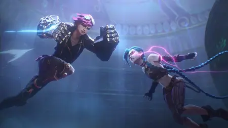 Violet, voiced by Hailee Steinfeld, raises her electric power gauntlets as she and her evil sister Jinx, voiced by Ella Purnell, charge at each other in mid-air in slow motion during an epic fight scene from ARCANE Season 2 on Netflix.