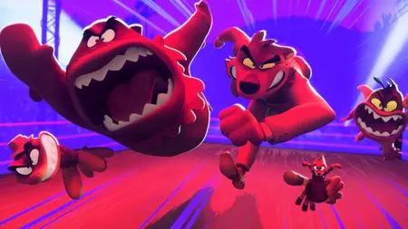 Mr. Wolf, Mr. Shark, Mr. Snake, Ms. Tarantula, and Mr. Piranha run into action in a red and purple colored stylized group shot from the animated sequel THE BAD GUYS 2.