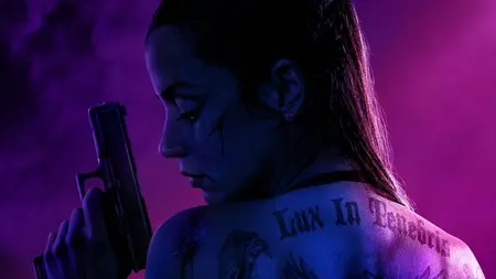 A promo image for the John Wick spinoff film 'Ballerina,' depicting Ana de Armas' character Eve Macarro holding a gun