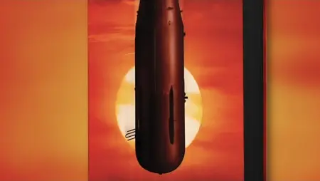 The cover art for James Cameron and Charles Pellegrino's Ghosts of Hiroshima book, depicting a nuclear bomb falling from the sky against a sunset.