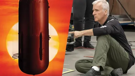 An image of Oscar-winning director James Cameron next to the book cover of Charles Pellegrino's book GHOSTS OF HIROSHIMA, depicting a nuclear warhead against a beautiful sunset.