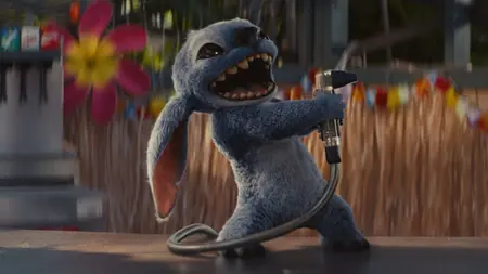 Stitch the small blue adorable alien plays with a soda fountain gun and gives maniacal laughter in the live-action LILO & STITCH remake, which is featured on the Disney+ and Hulu September 2025 list of new movies and TV shows.