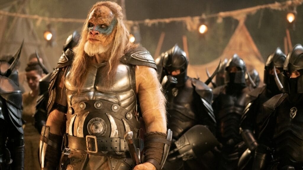 Giant bodybuilder Martyn Ford stars as the baboon man hybrid General Karlak in full facial prosthetic makeup and battle armor in the 2025 RED SONJA live-action remake.  