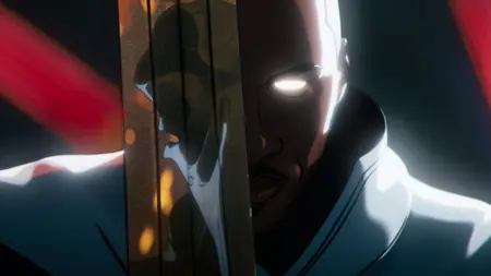 Blade Knight holds up his sword to his face, revealing the Egyptian moon god Khonshu in the reflection of the blade, in the MARVEL ZOMBIES animated series on Disney+.