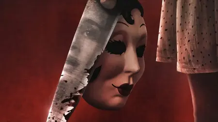 The iconic Pin-Up Girl mask hangs next to a large knife showing the reflection of final girl Maya Lucas on the official poster of THE STRANGERS – CHAPTER 2.