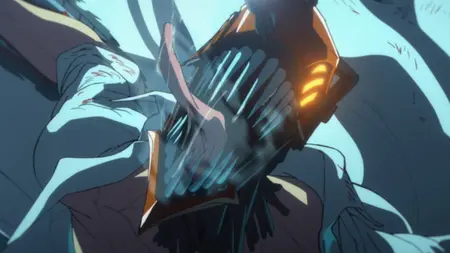 A close up shot of Denji in his Chainsaw Devil form showing off his long tongue, sharp teeth, and powerful face blade in CHAINSAW MAN – THE MOVIE: REZE ARC.