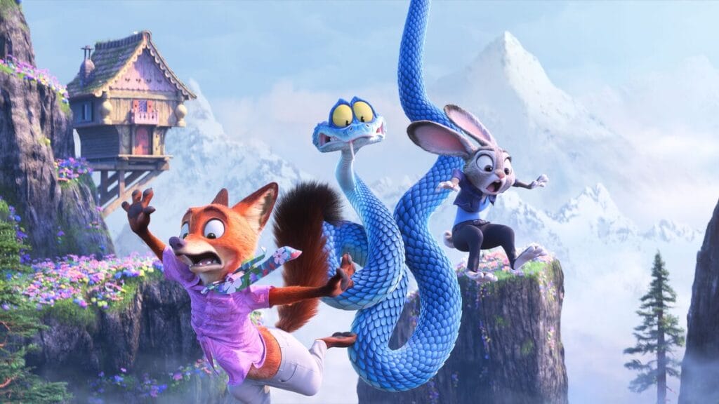 Gary De'Snake, a bright blue pit viper voiced by Ke Huy Quan, hilariously holds Judy Hopps the bunny and Nick Wilde the fox from falling down a cliff in the animated sequel ZOOTOPIA 2 from Walt Disney Animation.