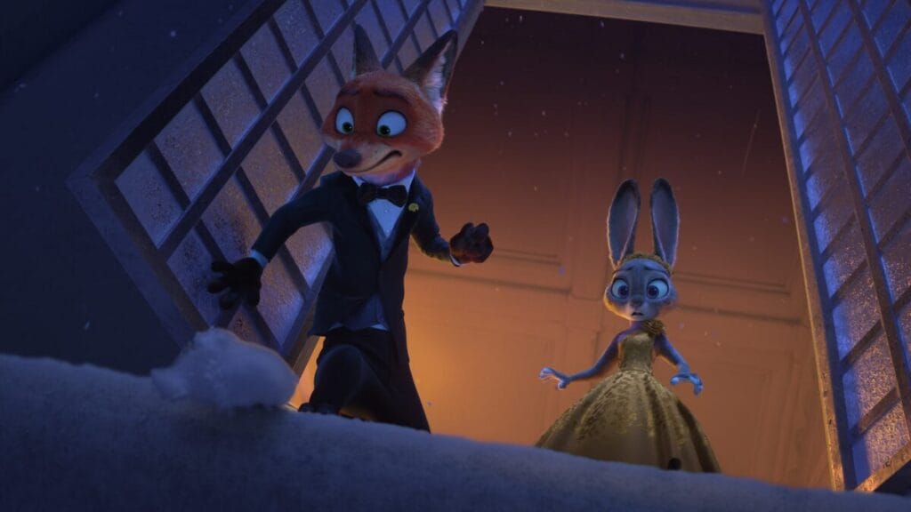 ZPD partners Nick Wilde and Judy Hopps infiltrate a  high class gala wearing fancy tuxedo and dress disguises in the animated sequel ZOOTOPIA 2.