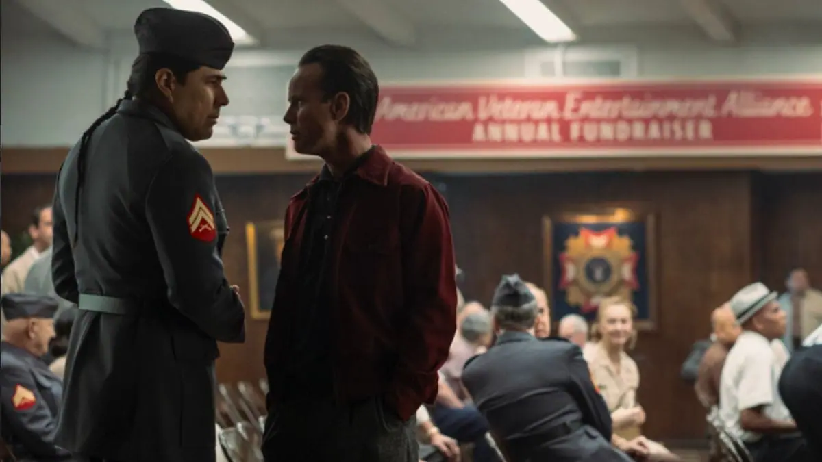 Dallas Goldtooth (Charles Whiteknife) and Walton Goggins (Cooper Howard) in Fallout Season 2