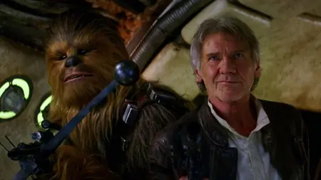 The famous shot of Han Solo and Chewbacca entering the Millennium Falcon for the first time in STAR WARS: THE FORCE AWAKENS, which officially released 10 years ago.