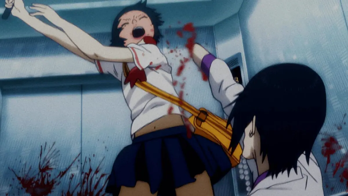 A teenage O-Ren Ishii cuts off the arm of the Yakuza gangster Pretty Riki inside a small elevator from the new extended anime sequence from KILL BILL: THE WHOLE BLOODY AFFAIR.   