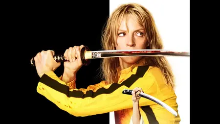 The Bride played by Uma Thurman holds up her Hattori Hanzō sword while wearing her iconic yellow and black jump suit on the new poster for KILL BILL: THE WHOLE BLOODY AFFAIR, which features an extended anime sequence.