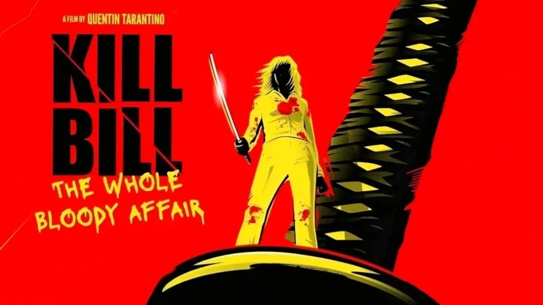 A new bright red and yellow silhouette poster for KILL BILL: THE WHOLE BLOODY AFFAIR showcasing Uma Thurman's The Bride wielding her katana, illustrated by French artist Julien Rico Jr. 