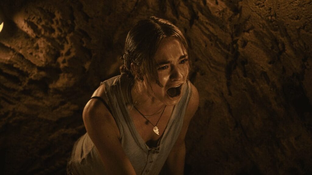 A close-up shot of Johnny Sequoyah screaming in terror from the animal horror movie PRIMATE. 