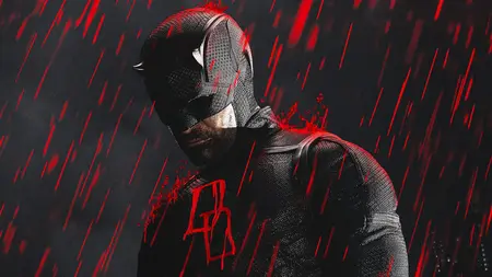 Daredevil strikes a brooding pose while red colored rain lands all over his new black suit and cowl on the stylish poster for DAREDEVIL: BORN AGAIN Season 2, which is included in the Disney+ and Hulu March 2026 list of new movies and TV shows.