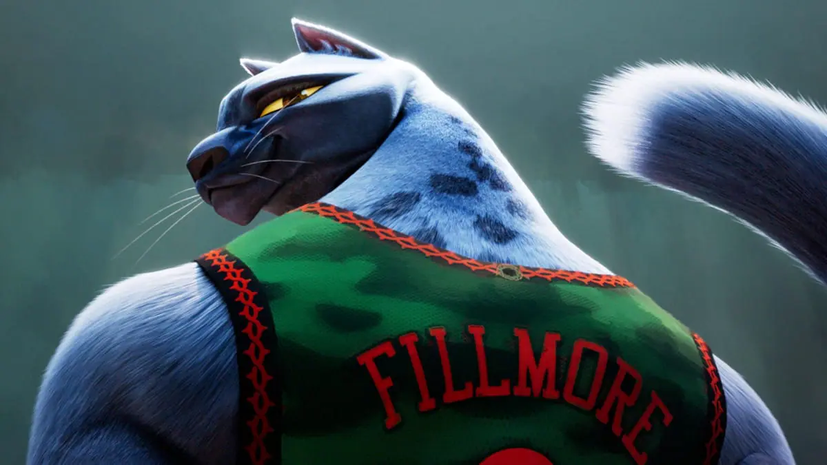 A cool shot of the Black Panther all-star player of the Vineland Thorns, Jett Fillmore, showing off her basketball jersey from behind in Sony Pictures Animation's GOAT.