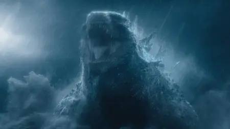 Godzilla lets out a powerful roar in the middle of a thunderstorm with heavy rain and lightning striking through the clouds in the background in MONARCH: LEGACY OF MONSTERS Season 2 on Apple TV+.