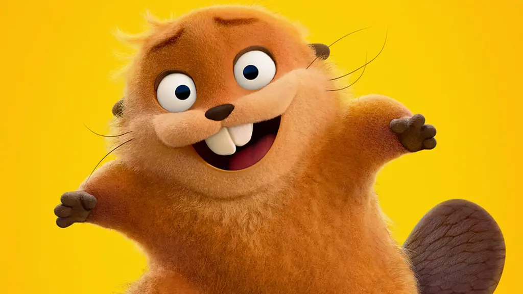 Mabel the robot Beaver making a silly face against a yellow background from the official poster of Disney and Pixar's original animated film HOPPERS.