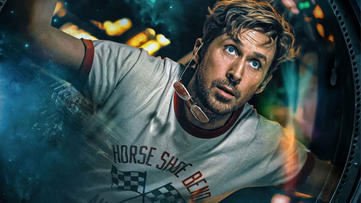 Ryan Gosling in a colourful image from the PROJECT HAIL MARY poster