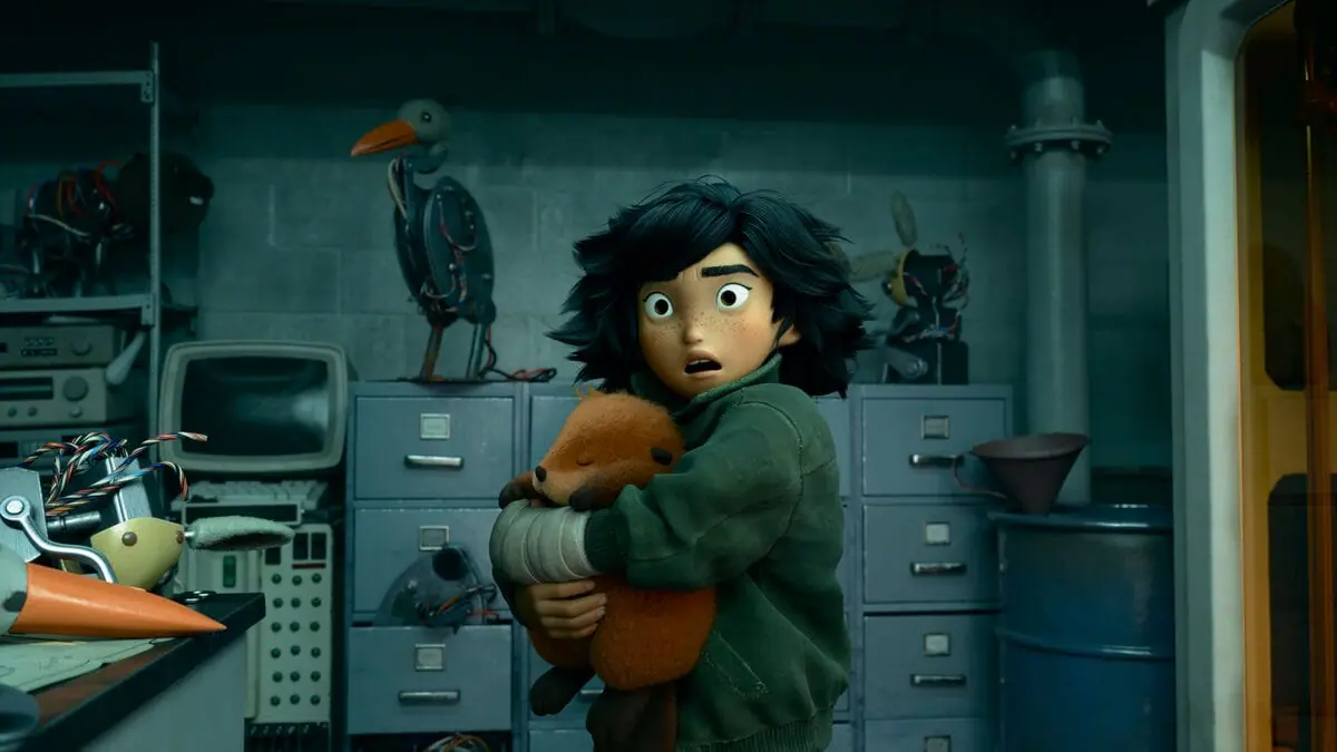 Mabel the teenage Japanese female protagonist of Pixar's HOPPERS holds up a life-like robotic beaver in a dark laboratory. 