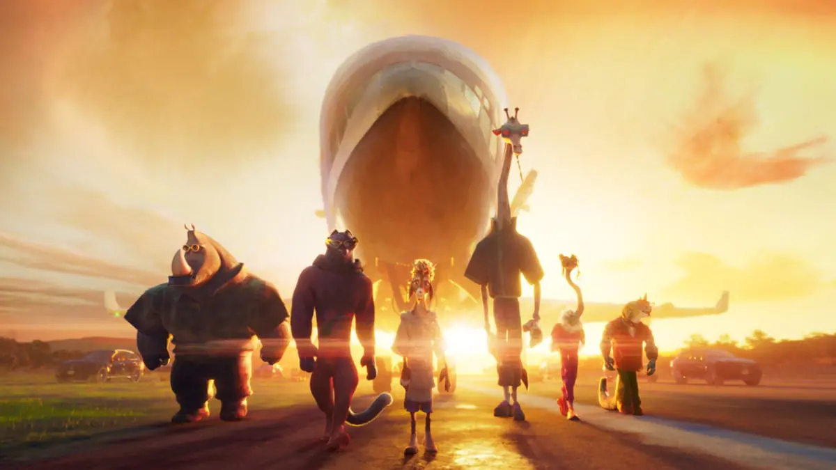 An epic group shot of the players from the Vineland Thorns, Archie Everhardt the Rhino, Jett Fillmore the Black Panther, Will Harris the Boer goat, Lenny Williamson the Giraffe, Olivia Burke the Ostrich, and Modo Olachenko the Komodo Dragon, walking in front of their private jet highlighted by a golden sunset in the animated movie GOAT. 