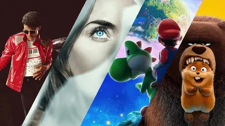A colorful collage of posters from which movies released new trailers during Super Bowl 2026, including The Super Mario Galaxy Movie, Pixar's Hoppers, Steven Spielberg's Disclosure Day, and the Michael Jackson biopic.