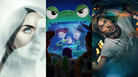 A colorful collage of three movie posters from PROJECT HAIL MARY, Pixar’s TOY STORY 5, and Steven Spielberg's DISCLOSURE DAY, all expected to release new trailers during Super Bowl 2026.