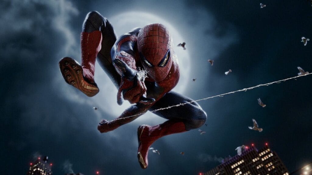 An epic shot of Andrew Garfield's Spider-Man web zipping towards the camera against a gorgeous night sky from the final swing sequence of THE AMAZING SPIDER-MAN, which is about to leave Netflix on March 1, 2026.