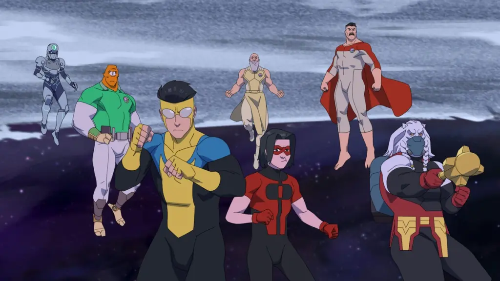 Mark Grayson, Omni-Man, Allen the Alien, Battle Beast, Tech Jacket, Kid Omni-Man, and Great Thaedus join forces to fight in the Viltrumite War in INVINCIBLE Season 4.
