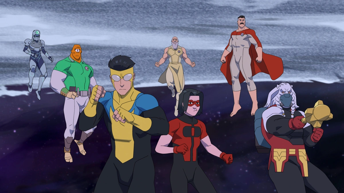 Mark Grayson, Omni-Man, Allen the Alien, Battle Beast, Tech Jacket, Kid Omni-Man, and Great Thaedus join forces to fight in the Viltrumite War in INVINCIBLE Season 4. 