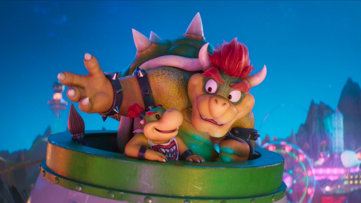 Bowser and Bowser Jr. bond together while riding in a huge clown copter in THE SUPER MARIO GALAXY MOVIE. 
