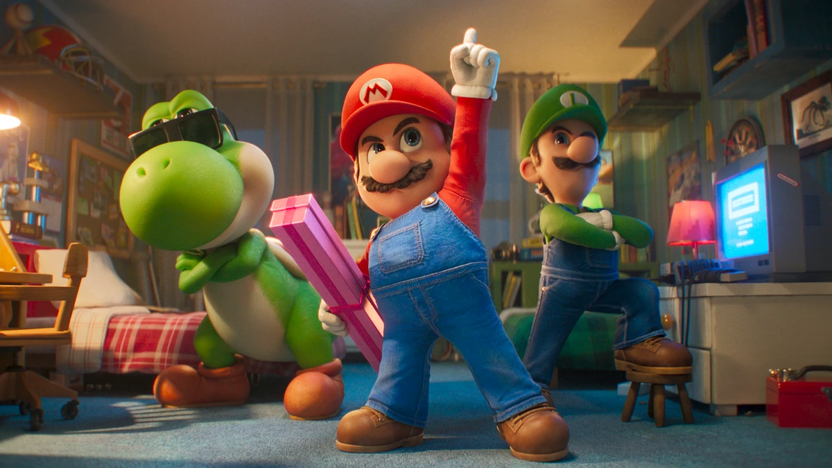 Mario points his finger up to the sky while posing next to his brother Luigi and Yoshi wearing dark sunglasses in a hilarious shot from THE SUPER MARIO GALAXY MOVIE. 