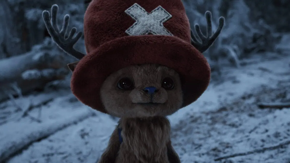The small reindeer doctor Tony Tony Chopper comes to life via CGI with his iconic fuzzy red top hat in ONE PIECE Season 2 on Netflix.