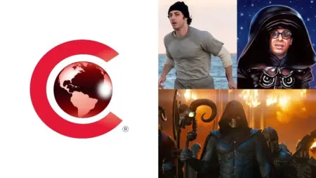 The official CinemaCon 2026 logo next to images from I PLAY ROCKY, MASTERS OF THE UNIVERSE, and SPACEBALLS 2 for the Amazon MGM Studios presentation.